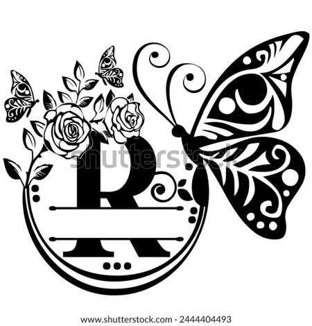 Black handwritten monogram capital letter R decorated with Roses and butterflies, vector clip art on a white isolated background
