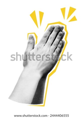 Collage element of clapping hands. Halftone applauding hands gesture. Cut out of magazine shapes. Success, appreciation, celebration. Grunge modern retro vector illustration on transparent background