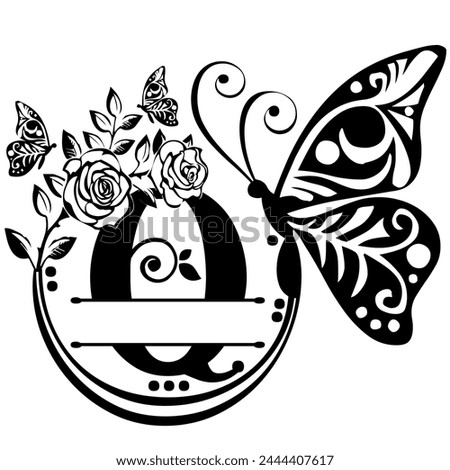 Black handwritten monogram capital letter Q decorated with Roses and butterflies, vector clip art on a white isolated background
