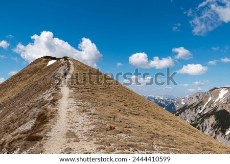 Hiker woman on idyllic hiking trail on alpine meadow with scenic view of majestic Hochschwab mountain range, Styria, Austria. Wanderlust in remote Austrian Alps. Sense of escapism, peace, reflection Royalty-Free Stock Photo #2444410599