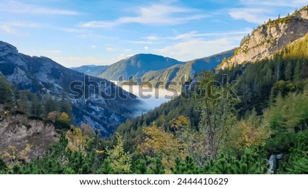 Scenic view of fog covered valley in Hochschwab mountain range, Styria, Austria. Hiking trail in alpine forest. Remote Austrian Alps in summer. Escapism. Connect with nature Royalty-Free Stock Photo #2444410629