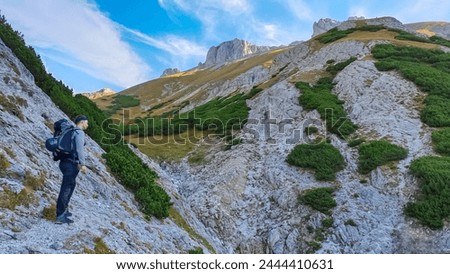 Hiker man with scenic view of steep rock formation in Hochschwab mountain range, Styria, Austria. Hiking trail in alpine terrain. Remote Austrian Alps in summer. Escapism. Connect with nature Royalty-Free Stock Photo #2444410631