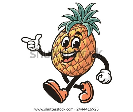 walking Pineapple with pointing finger cartoon mascot illustration character vector clip art hand drawn