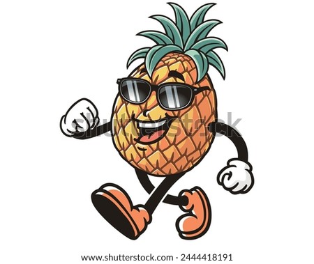 walking Pineapple wearing sunglasses cartoon mascot illustration character vector clip art hand drawn