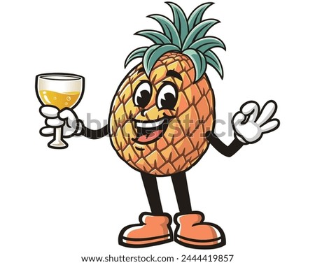 Pineapple holding a glass of drink cartoon mascot illustration character vector clip art hand drawn