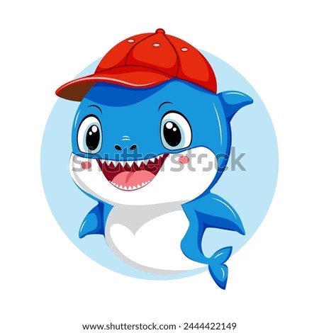 Funny cartoon white and blue shark wearing  red baseball cap. Baby predator is smiling and has big grin on his face. Logo design element, sticker, label, poster, clipart. Vector image