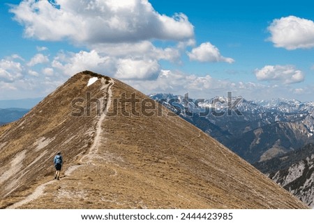 Hiker woman on idyllic hiking trail on alpine meadow with scenic view of majestic Hochschwab mountain range, Styria, Austria. Wanderlust in remote Austrian Alps. Sense of escapism, peace, reflection Royalty-Free Stock Photo #2444423985