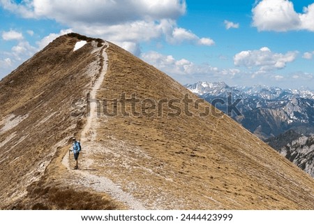 Hiker woman on idyllic hiking trail on alpine meadow with scenic view of majestic Hochschwab mountain range, Styria, Austria. Wanderlust in remote Austrian Alps. Sense of escapism, peace, reflection Royalty-Free Stock Photo #2444423999
