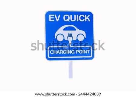 Blue and white EV car charging sign or symbol with electricity for charging car isolated on white background. EV QUICK Charging Point Sign Board  eco, sig. clean energy concepts for a green world.