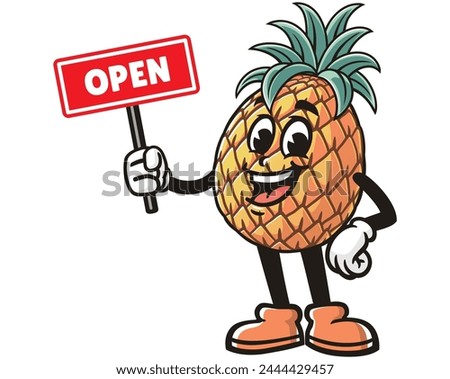 Pineapple holding open sign board cartoon mascot illustration character vector clip art hand drawn