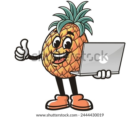 Pineapple with laptop cartoon mascot illustration character vector clip art hand drawn