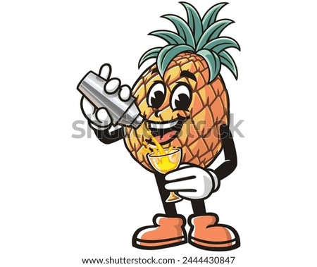 Pineapple is making a cocktail cartoon mascot illustration character vector clip art hand drawn