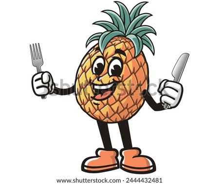 Pineapple holding fork and knife cartoon mascot illustration character vector clip art hand drawn