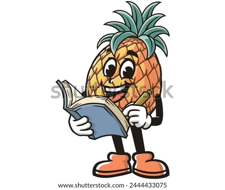 Pineapple with book cartoon mascot illustration character vector clip art hand drawn