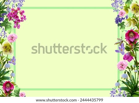 Floral green frame made of live flowers of different types and colors. Blank space for your own text in the middle. Suitable as greeting cards and wishes, romantic events and women's anniversaries.