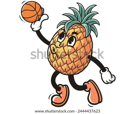 Pineapple playing slam dunk basketball cartoon mascot illustration character vector clip art hand drawn