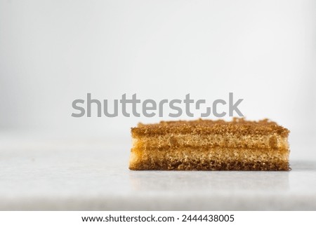 slice of vanilla cake with jam filling, thin layers of vanilla and chocolate cake with jam filling on a white background Royalty-Free Stock Photo #2444438005