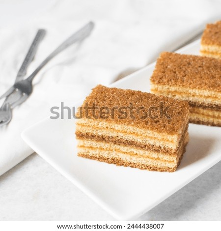 slice of vanilla cake with jam filling, thin layers of vanilla and chocolate cake with jam filling on a white background Royalty-Free Stock Photo #2444438007