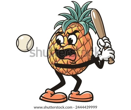 Pineapple playing baseball cartoon mascot illustration character vector clip art hand drawn