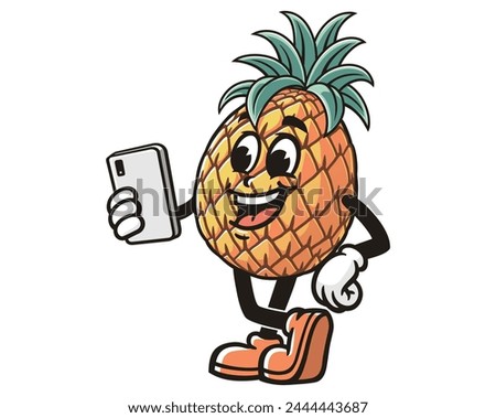 Pineapple with gadget cartoon mascot illustration character vector clip art hand drawn