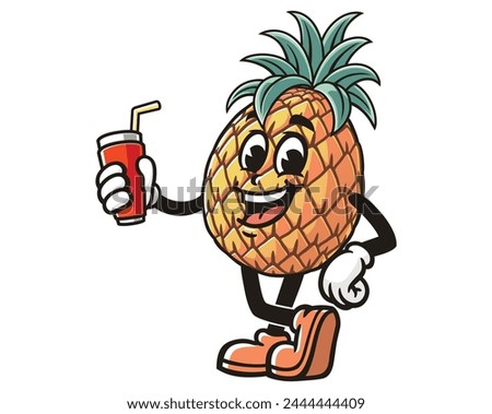 Pineapple with soft drink cartoon mascot illustration character vector clip art hand drawn