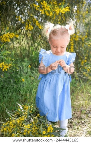 The little girl is drawing! Girl in a blue dress girl draws in nature