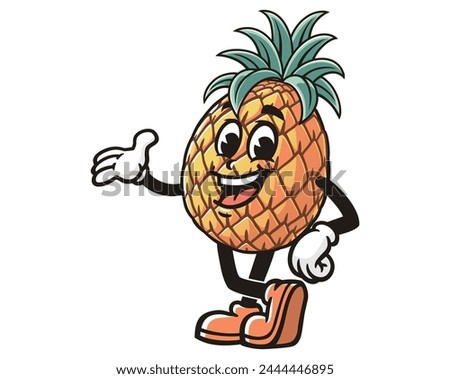 Pineapple with welcoming hands pose cartoon mascot illustration character vector clip art hand drawn