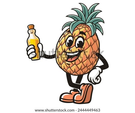Pineapple holding a bottle of pineapple oil cartoon mascot illustration character vector clip art hand drawn