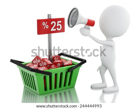 3d illustration. white people sale announcement with megaphone and shopping basket on white background