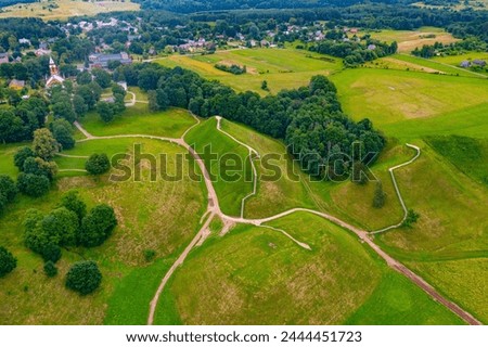 Panorama view of the Hillforts of Kernave, ancient capital of Grand Duchy of Lithuania. Royalty-Free Stock Photo #2444451723