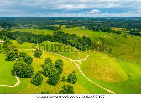 Panorama view of the Hillforts of Kernave, ancient capital of Grand Duchy of Lithuania. Royalty-Free Stock Photo #2444452327