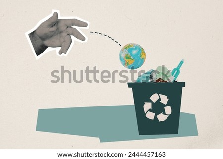 Abstract creative collage hand throws planet in trash can garbage irresponsible behaviour environmental pollution planet destruction ecosystem Royalty-Free Stock Photo #2444457163