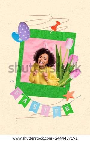 Creative drawing collage picture of cute charming girl photo album memory flowers tulips easter concept billboard comics zine minimal