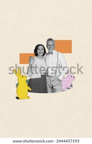 Creative drawing collage picture of cute grandparents couple rabbit celebrate together easter concept billboard comics zine minimal