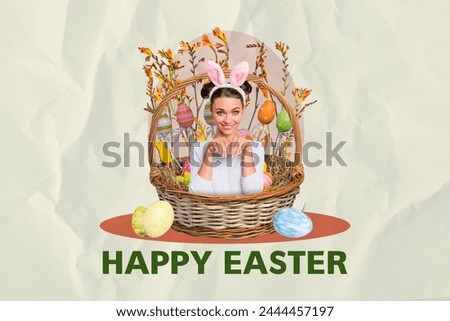 Composite collage picture image of cute charming girl pretend rabbit eggs basket easter concept unusual fantasy billboard comics