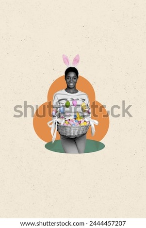 Composite collage picture image of funny young girl hold eggs basket bunny ears easter concept unusual fantasy billboard comics