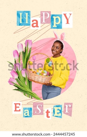 Creative drawing collage picture of funny wondered girl look flowers bunny collect eggs basket easter concept billboard comics zine minimal