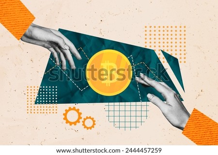 Creative collage picture human hands reach golden coin btc cogwheels hands reach money economy growth successful trader body fragment
