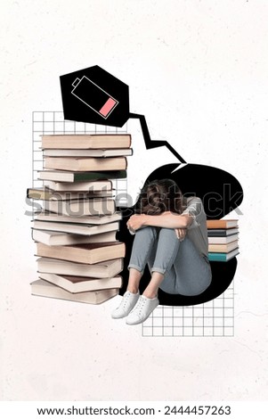 Vertical photo collage of upset girl sit library stack book preparation exam low level battery tired recharge isolated on painted background