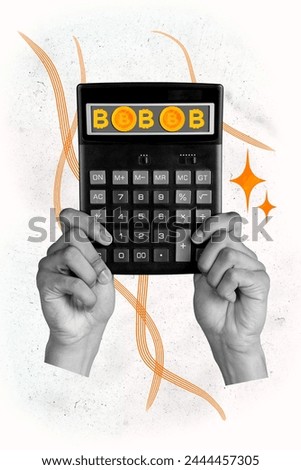Vertical photo collage of hand hold calculator money gold bitcoin earnings cryptocurrency trader token isolated on painted background