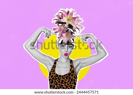 Creative collage picture young flirty pretty woman showing plant head lilac flower blossom flourish beauty drawing background