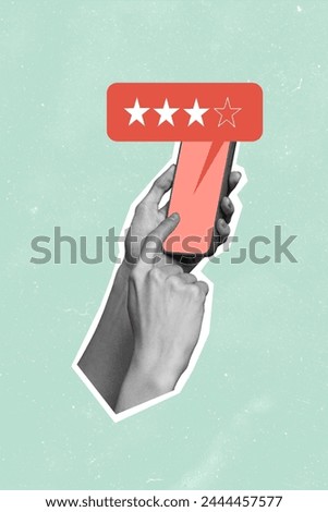 Vertical creative collage picture human hands hold smartphone review rating consumerism estore social media network internet estimate