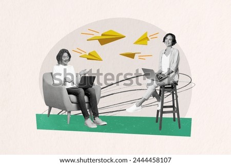 Collage photo of two young colleagues remote type job working online sitting chair use netbooks share messages isolated on grey background