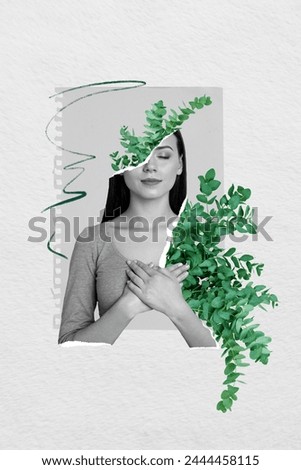 Vertical composite photo artwork collage of calm girl with plant hold palms on chest found peace inside isolated on creative background