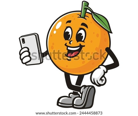 Orange fruit with gadget cartoon mascot illustration character vector clip art hand drawn