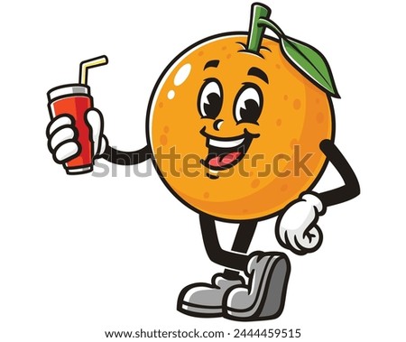 Orange fruit with soft drink cartoon mascot illustration character vector clip art hand drawn