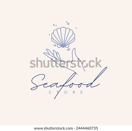 Hand with seashell and lettering seafood store drawing in linear style on beige background
