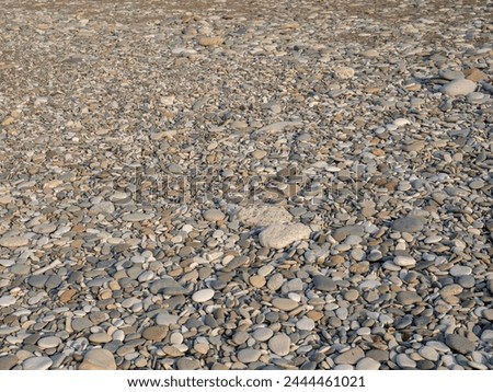 Gray sand and stones close-up on the beach. Stone in the foreground. Beach in winter. Sea coast soil. Beach resort atmosphere