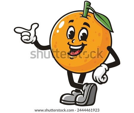 Orange fruit with pointing finger cartoon mascot illustration character vector clip art hand drawn