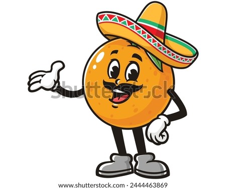 Orange fruit wearing sombrero cartoon mascot illustration character vector clip art hand drawn